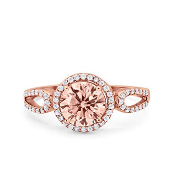 Halo Split Shank Engagement Ring Rose Tone, Simulated Morganite CZ 925 Sterling Silver